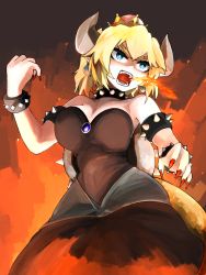 Rule 34 | 1girl, armlet, black dress, blue eyes, borrowed design, bowsette, bracelet, breasts, breath weapon, breathing fire, bright pupils, brooch, cleavage, collar, commentary request, crown, dress, earrings, fingernails, fire, frown, highres, horns, jewelry, large breasts, looking to the side, mario (series), nail polish, new super mario bros. u deluxe, nintendo, open mouth, red nails, sharp fingernails, sharp teeth, solo, spiked armlet, spiked bracelet, spiked collar, spiked shell, spikes, standing, strapless, strapless dress, super crown, susumu, tail, teeth, turtle shell, v-shaped eyebrows, white pupils