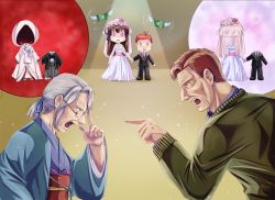 Rule 34 | 0 0, 10s, 2boys, 2girls, alternate costume, arguing, black hair, blue ribbon, bridal veil, brown eyes, chibi, chibi inset, commentary, dress, eye contact, facial hair, father and son, formal, glasses, gloves, grandmother and granddaughter, green ribbon, grey hair, hair intakes, hair ribbon, hakama, hakama skirt, haori, height difference, highres, holding hands, iowa (pacific), japanese clothes, jewelry, kantai collection, kimi no na wa., kimono, looking at another, melisaongmiqin, miyamizu hitoha, mole, mole under eye, money, multicolored ribbon, multiple boys, multiple girls, necklace, no headwear, old, old woman, open mouth, pacific (kancolle), pointing, red hair, ribbon, scared, skirt, solid oval eyes, star (symbol), star necklace, stubble, suit, turn pale, uchikake, veil, wedding dress, white gloves