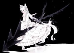 Rule 34 | 1girl, black vs white, dress, frills, full body, goth fashion, gothic lolita, hair between eyes, hairband, high heels, highres, hime lolita, lolita fashion, lolita hairband, long hair, mizushirazu, original, personification, solo, very long hair, white dress, white hole, wings