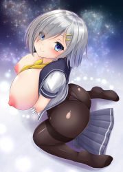 Rule 34 | 1girl, ass, between breasts, black pantyhose, blue eyes, blush, breast hold, breasts, breasts out, curvy, eyes visible through hair, gloves, hair ornament, hair over one eye, hairclip, hamakaze (kancolle), highres, huge breasts, huge nipples, kantai collection, kneeling, looking at viewer, looking up, neckerchief, nipples, okatora, open clothes, open shirt, panties, panties under pantyhose, pantyhose, pleated skirt, school uniform, serafuku, shadow, shiny skin, shirt, short hair, silver hair, skirt, unworn skirt, smile, solo, thong, underwear, white gloves, yellow neckerchief