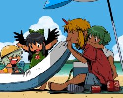 Rule 34 | 4girls, aged down, alternate costume, arms up, beach, bikini, black eyes, black hair, black wings, blanket, blonde hair, blue sky, bow, can, casual, child, closed eyes, cloud, contemporary, cooler, day, drink can, female focus, green hair, green one-piece swimsuit, hair bobbles, hair bow, hair ornament, hat, horns, hoshiguma yuugi, inflatable raft, kisume, komeiji koishi, lake, long hair, multiple girls, one-piece swimsuit, onikobe rin, open mouth, outdoors, parasol, pointy ears, reiuji utsuho, shirt, short hair, shorts, silver hair, single horn, sky, smile, soda can, swimsuit, third eye, touhou, twintails, umbrella, white one-piece swimsuit, wings, yellow bikini