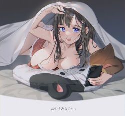 Rule 34 | 1girl, animal-shaped pillow, babydoll, bed, black background, black hair, blue nails, blush, breasts, cellphone, cleavage, commentary, downblouse, hair ornament, hairclip, highres, holding, holding phone, large breasts, lingerie, long hair, looking at viewer, lying, mhk (mechamania), mole, mole under eye, multicolored nails, nail polish, no bra, on stomach, open mouth, original, panties, phone, pillow, pink nails, purple eyes, simple background, sleepwear, smartphone, smile, solo, under covers, underwear, white panties