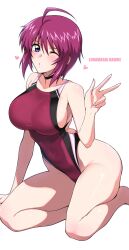 1girl ;o ahoge blush breasts character_name commentary_request competition_swimsuit gundam gundam_seed gundam_seed_destiny halcon heart highleg highleg_one-piece_swimsuit highres large_breasts looking_at_viewer lunamaria_hawke one-piece_swimsuit one_eye_closed purple_eyes red_hair red_one-piece_swimsuit revision short_hair sitting smile solo swimsuit v wariza