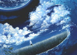 Rule 34 | acrylic paint (medium), blouse, blue theme, cloud, grass, night, painting (medium), planet, shirt, sky, solo, star (sky), star (symbol), starry sky, suijyo ai, suijyou, traditional media, water, waves, white hair, white shirt