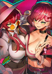 Rule 34 | 2girls, absurdres, asymmetrical docking, belt, blush, bracelet, breast press, breasts, candy, choker, cleavage, collarbone, collared shirt, commission, covered navel, dual persona, duel monster, earrings, evil twin ki-sikil, food, green eyes, hair ornament, hairclip, hat, highres, jacket, jewelry, ki-sikil (yu-gi-oh!), large breasts, leotard, lipstick mark, live twin ki-sikil, lollipop, long sleeves, looking at viewer, midriff, multiple girls, navel, necktie, official alternate costume, open mouth, pixiv commission, puffy long sleeves, puffy sleeves, red hair, ro g (oowack), shirt, short hair, shorts, smug, sunglasses, tank top, yu-gi-oh!