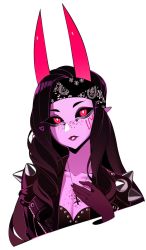 Rule 34 | 1girl, bandana, black hair, black sclera, brown hair, colored sclera, colored skin, commission, cross, cross necklace, freckles, gloves, halphelt, hand up, highres, horns, jewelry, looking at viewer, necklace, original, parted lips, pink eyes, pink skin, pointy ears, shoulder spikes, solo, spikes, upper body