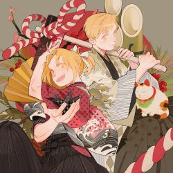 Rule 34 | 2boys, ahoge, alphonse elric, arm up, blonde hair, blush, bow, brothers, closed mouth, edward elric, fullmetal alchemist, grey background, holding, japanese clothes, long hair, looking at viewer, male focus, multiple boys, open mouth, p0ckylo, ponytail, siblings, simple background, smile, teeth, upper body, yellow eyes