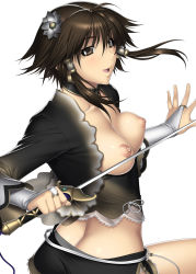 Rule 34 | 1girl, absurdres, alternate color, breasts, brown eyes, brown hair, chai xianghua, flower, hair ornament, highres, kansuke, looking at viewer, nipples, open mouth, short hair, simple background, smile, solo, soul calibur, soulcalibur, soulcalibur iv, standing, sword, weapon, white background