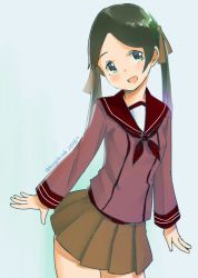Rule 34 | 1girl, brown eyes, brown hair, brown skirt, commentary request, dated, hair ribbon, kangoku kou, kantai collection, long sleeves, looking to the side, mikuma (kancolle), one-hour drawing challenge, open mouth, red ribbon, ribbon, sailor collar, school uniform, serafuku, simple background, sketch, skirt, smile, solo, twintails, twitter username, wrists extended