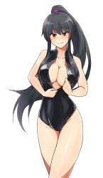 Rule 34 | 10s, 1girl, bad id, bad pixiv id, black hair, blush, breasts, cleavage, female focus, front zipper swimsuit, highres, kantai collection, large breasts, long hair, looking at viewer, meme attire, one-piece swimsuit, open fly, ponytail, red eyes, smile, solo, swimsuit, tebukuro withana, unzipped, very long hair, yahagi (kancolle)