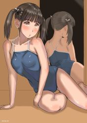 Rule 34 | 1girl, :o, arm support, ass, blue one-piece swimsuit, blush, brown eyes, brown hair, chitose (zenkou), dated, looking at viewer, mirror, one-piece swimsuit, original, parted lips, reflection, shiny skin, short hair, sitting, solo, swimsuit, twintails, yellow background, yokozuwari, zenkou
