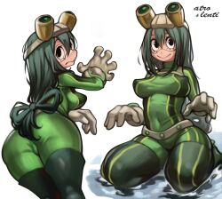 Rule 34 | 1girl, ass, asui tsuyu, black eyes, black hair, black thighhighs, bodysuit, boku no hero academia, breasts, collaboration, covered erect nipples, covered navel, frog girl, gloves, goggles, goggles on head, green bodysuit, hair between eyes, hair rings, highres, lentiyay, long hair, looking at viewer, low-tied long hair, medium breasts, multiple views, smile, thighhighs, white gloves, whoopsatro