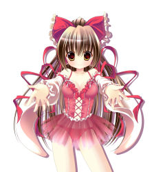 Rule 34 | 1girl, alternate costume, bad id, bad pixiv id, bare shoulders, bow, brown hair, bustier, detached sleeves, female focus, hair bow, hakurei reimu, kino (kino konomi), kino konomi, lingerie, long hair, looking at viewer, outstretched arms, outstretched hand, panties, ponytail, reaching, reaching towards viewer, see-through, simple background, smile, solo, tareme, touhou, underwear, yellow eyes