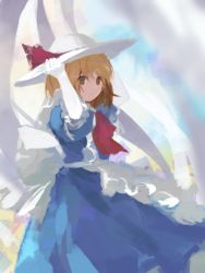 Rule 34 | 1girl, apron, back bow, blonde hair, blue dress, bow, commentary, cowboy shot, dress, elbow gloves, from side, gloves, hands on headwear, hands up, hat, hat ribbon, highres, kaigen 1025, kana anaberal, red neckwear, red ribbon, ribbon, short hair, short sleeves, smile, solo, touhou, touhou (pc-98), white gloves, white hat, yellow eyes