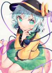 Rule 34 | 1girl, :&gt;, arm up, barefoot, black hat, blue hair, collar, commentary request, cushion, dated, fingernails, floral print, foreshortening, frilled shirt collar, frilled sleeves, frills, green collar, green eyes, green nails, green skirt, grey background, gunjou row, hand on lap, hand on own chin, hat, hat ribbon, heart, heart-shaped pupils, heart of string, highres, komeiji koishi, long sleeves, looking at viewer, nail polish, partial commentary, ribbon, rose print, shirt, short hair, signature, simple background, sitting, skirt, smile, solo, symbol-shaped pupils, third eye, touhou, twitter username, wariza, yellow shirt, zabuton