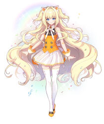 Rule 34 | 1girl, animal ear headphones, animal ears, bare arms, beamed eighth notes, blonde hair, blue eyes, buttons, cat ear headphones, eighth note, fake animal ears, headphones, headset, heart, long hair, looking at viewer, miniskirt, musical note, official art, orange footwear, orange shirt, pleated skirt, rainbow, rednian, second-party source, seeu, sharp sign, shirt, skirt, sleeveless, sleeveless shirt, smile, solo, sound wave, thighhighs, treble clef, very long hair, vocaloid, white background, white skirt, white thighhighs, wrist cuffs, zettai ryouiki