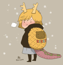 Rule 34 | 1girl, :&lt;, alternate costume, animal print, antlers, black coat, blonde hair, breath, chibi, clothes writing, coat, dragon horns, dragon tail, full body, grey skirt, horns, kicchou yachie, looking at viewer, looking back, onikobe rin, short hair, skirt, snowing, solo, tail, tail sock, touhou, turtle shell, twitter username, winter clothes