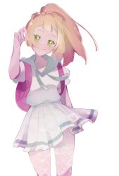 Rule 34 | 1girl, backpack, bag, blonde hair, blush, braid, closed mouth, commentary, creatures (company), eyelashes, french braid, game freak, green eyes, hand up, highres, lillie (pokemon), long hair, looking at viewer, misha (ohds101), nintendo, pleated skirt, pokemon, pokemon sm, ponytail, purple bag, sailor collar, shirt, short sleeves, simple background, skirt, smile, solo, white background, white shirt, white skirt