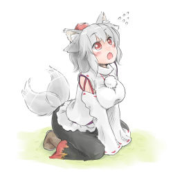 Rule 34 | 1girl, abekawa, animal ears, arm support, blush, breasts, detached sleeves, ear wiggle, female focus, hat, inubashiri momiji, kneeling, large breasts, looking up, open mouth, red eyes, short hair, silver hair, solo, tail, tail wagging, tokin hat, touhou, v arms, wolf ears, wolf tail