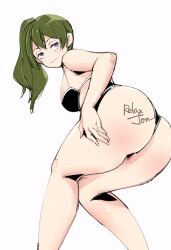 Rule 34 | 1girl, alternate costume, artist name, ass, asymmetrical hair, bent over, bikini, black bikini, closed mouth, commentary, double-parted bangs, feet out of frame, from behind, green hair, highres, kneepits, light smile, looking at viewer, looking back, medium hair, purple eyes, relaxjon, side ponytail, signature, simple background, solo, sousou no frieren, standing, swimsuit, ubel (sousou no frieren), white background