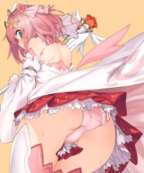 Rule 34 | 1girl, 92m, ass, back, bare shoulders, blush, breasts, detached collar, diadem, dress, flower, hair flower, hair ornament, hair ribbon, highres, large breasts, looking at viewer, looking back, open mouth, panties, pink panties, princess connect!, red skirt, ribbon, rose, simple background, skirt, solo, staff, thighhighs, thighs, underwear, white dress, white ribbon, wide sleeves, yellow background, yui (princess) (princess connect!), yui (princess connect!)