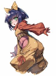 Rule 34 | 1girl, ass, blue hair, blush, bodysuit, bow, eiko carol, final fantasy, final fantasy ix, from behind, from side, gloves, highres, hime gyo, horns, long sleeves, looking back, multiple girls, open mouth, petite, pink bodysuit, short hair, single horn, solo, yellow bow, yellow overalls