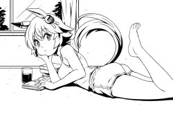 Rule 34 | + +, 1girl, animal ears, barefoot, book, closed mouth, commentary, cup, dolphin shorts, drinking glass, ear covers, greyscale, hair ornament, head rest, horse ears, horse girl, horse tail, indoors, leg up, lineart, looking at viewer, looking back, loungewear, lying, matikanefukukitaru (umamusume), monochrome, on stomach, reading, short shorts, shorts, single ear cover, solo, tail, takanaga kouhei, tank top, the pose, umamusume, window