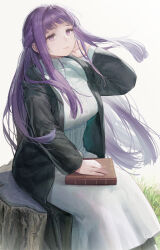 Rule 34 | 1girl, arl, black coat, book, breasts, button dress, coat, collar, dress, fern (sousou no frieren), floating hair, frilled collar, frills, hand on book, highres, hood, hooded coat, large breasts, long dress, long hair, long sleeves, purple eyes, purple hair, sidelocks, sitting, sitting on tree stump, solo, sousou no frieren, white dress