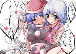 Rule 34 | 2girls, ^^^, blue eyes, blue hair, blush, breasts, commentary request, crying, crying with eyes open, cum, doremy sweet, ejaculation, hat, heart, implied futanari, kishin sagume, long sleeves, medium breasts, multiple girls, nightcap, nose blush, one eye closed, open mouth, oshiaki, pom pom (clothes), short hair, short sleeves, sidelocks, silver hair, single wing, speech bubble, spoken heart, spread legs, sweat, tail, tapir tail, tears, touhou, trembling, white wings, wings, yuri