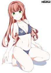 Rule 34 | 1girl, barefoot, bikini, blue bikini, blunt bangs, breasts, brown hair, character name, cleavage, clothes writing, commentary, full body, green eyes, halterneck, headgear, helena (kancolle), kantai collection, long hair, looking at viewer, medium breasts, shigino sohuzi, simple background, smile, solo, squatting, string bikini, swimsuit, white background