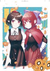 Rule 34 | 2girls, :/, bad id, bad twitter id, black hair, bow, dress, flower, flower request, hair bow, highres, light smile, looking at viewer, multiple girls, parted lips, pointy ears, puffy sleeves, red eyes, red hair, ribbon, sekibanki, shameimaru aya, shirt, short hair, short sleeves, skirt, sunflower, teeth, toraneko 2, touhou, white flower, yellow flower