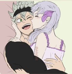 Rule 34 | 1boy, 1girl, asta (black clover), black clover, blush, closed eyes, couple, cuddling, hand on another&#039;s face, hetero, holding partner, hug, kiss on cheek, kissing cheek, kissing partner, noelle silva, one eye closed, open mouth, pinkykkat, rotated, teeth, twintails, upper teeth only