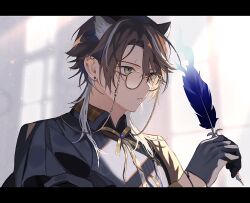 Rule 34 | 1boy, animal ears, arknights, bishounen, black gloves, brown hair, cat boy, cat ears, ear piercing, from side, glasses, gloves, green eyes, highres, hishoti cheese, holding, holding quill, male focus, piercing, playwright (arknights), quill, short hair, solo, upper body