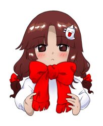 Rule 34 | 1girl, bakebake (touhou), blush, bow, bowtie, brown eyes, brown hair, closed mouth, frown, hair ornament, hair ribbon, looking at viewer, low twintails, nonamejd, official style, parted bangs, puffy sleeves, red bow, red bowtie, red ribbon, ribbon, rika (touhou), simple background, solo, touhou, touhou (pc-98), twintails, upper body, white background, zun (style)