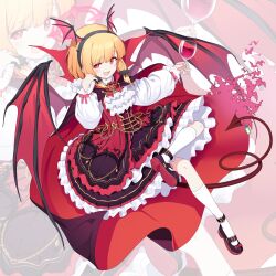 Rule 34 | 1girl, :3, alcohol, alternate costume, bat hair ornament, black footwear, blonde hair, blue archive, bow, brooch, cape, center frills, commentary, corset, crossed legs, cup, demon tail, demon wings, dress, drinking glass, fake head wings, fake tail, fake wings, footwear bow, frilled dress, frills, hair ornament, hairband, halloween costume, highres, holding, holding cup, jewelry, mary janes, momoi (blue archive), open mouth, red bow, shoes, smile, socks, solo, surps, tail, vampire costume, white socks, wine, wine glass, wings