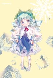 Rule 34 | 1girl, adapted costume, amo (shibu3), blue dress, blue eyes, blue hair, bow, cirno, dress, fairy, frilled sleeves, frills, full body, green bow, hair bow, highres, ice, ice wings, long sleeves, see-through, see-through sleeves, shoes, short hair, snowflakes, solo, touhou, twitter username, white footwear, wide sleeves, wings