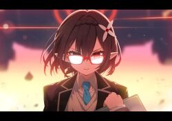 Rule 34 | 1girl, aroha j, ayane (blue archive), black hair, black jacket, blue archive, blue necktie, collared shirt, commentary request, glasses, halo, highres, jacket, letterboxed, long sleeves, looking at viewer, necktie, open clothes, open jacket, open mouth, pointy ears, red-framed eyewear, red halo, shirt, short hair, solo, upper body, white shirt, yellow eyes