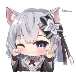 Rule 34 | 1girl, animal ear fluff, animal ears, black kimono, cat ears, cat girl, cat tail, commentary, cropped torso, english commentary, grey hair, highres, hololive, hololive indonesia, japanese clothes, kemonomimi mode, kimono, looking at viewer, medium hair, one eye closed, paw pose, purple eyes, rokusketch, simple background, solo, tail, vestia zeta, vestia zeta (new year), virtual youtuber, white background