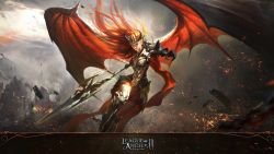 Rule 34 | 1girl, armor, artist request, demon girl, demon wings, horns, league of angels, league of angels ii, long hair, polearm, realistic, red eyes, red hair, solo, spear, weapon, wings