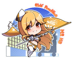Rule 34 | 1girl, belt, blue sky, blush, boots, breasts, character name, chibi, commentary, commission, copyright name, crop top, cropped jacket, day, flag, floating hair, girls&#039; frontline, gloves, grin, hair between eyes, hat, holding, holding flag, jacket, large breasts, long hair, looking at viewer, m2hb (cheers on the blazing tarmac) (girls&#039; frontline), m2hb (girls&#039; frontline), mini hat, navel, no nose, open clothes, open jacket, orange eyes, race queen, skeb commission, skirt, sky, smile, solo, standing, standing on one leg, strapless, thigh boots, tube top, underboob, warashi, white footwear, white gloves, white skirt, yellow belt
