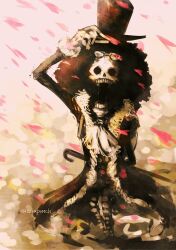 Rule 34 | 1boy, afro, ascot, brook (one piece), cherry blossoms, commentary request, eyewear on head, falling petals, hand on headwear, highres, looking at viewer, male focus, one piece, pants, partially colored, petals, skeleton, solo, torapunch, twitter username