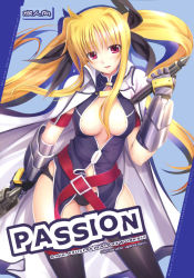 Rule 34 | 00s, 1girl, adapted costume, areola slip, bardiche (nanoha), belt, black panties, blonde hair, blush, breasts, cape, cleavage, fate testarossa, fate testarossa (impulse form), fate testarossa (true sonic form), gauntlets, highres, large breasts, long hair, lyrical nanoha, mahou shoujo lyrical nanoha, mahou shoujo lyrical nanoha strikers, mikazuki akira!, nipple slip, nipples, panties, red eyes, solo, thighhighs, twintails, underwear, very long hair, weapon