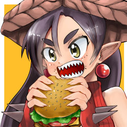 Rule 34 | 1girl, black hair, burger, cheese, earrings, eating, fingerless gloves, fingernails, food, food on face, gloves, hat, jewelry, lettuce, mythic live, nako ryu, open mouth, pointy ears, red gloves, sharp fingernails, sharp teeth, sleeveless, sleeveless turtleneck, solo, spiked gloves, spikes, studiolg, teeth, thick eyebrows, tomato, turtleneck, virtual youtuber, yellow eyes
