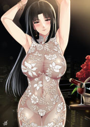 Rule 34 | 1girl, alcohol, armpits, arms up, bare shoulders, black hair, blush, bottle, bracelet, breasts, cityscape, cleavage, closed mouth, covered navel, cowboy shot, cup, dress, drinking glass, female pubic hair, flower, highres, jewelry, lace, large breasts, long hair, mature female, mole, mole under mouth, night, nush (xter), original, pubic hair, pubic hair peek, revealing clothes, see-through, see-through dress, smile, solo, table, thighs, wine glass, xter