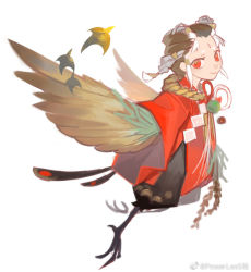 Rule 34 | 1girl, bird legs, brown feathers, brown hair, brown wings, feathers, harpy, japanese clothes, looking at viewer, monster girl, original, powerlesssong, red eyes, rope, shimenawa, short hair, simple background, white background, winged arms, wings