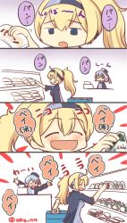 Rule 34 | 2girls, ahenn, alternate costume, blonde hair, blue eyes, blue hair, bread, cash register, commentary request, convenience store, employee uniform, food, gambier bay (kancolle), hair between eyes, hairband, highres, kantai collection, lawson, long sleeves, multiple girls, onigiri, open mouth, partially translated, ponytail, samuel b. roberts (kancolle), shirt, shop, short hair, smile, striped clothes, striped shirt, translation request, uniform, vertical-striped clothes, vertical-striped shirt