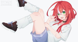 Rule 34 | 1girl, absurdres, ankle boots, bad source, beret, book, boots, full body, green eyes, hat, highres, itorio fransuaza, looking at viewer, original, pointy ears, red hair, shirt, short hair with long locks, shorts, smile, white background, white shirt