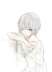 Rule 34 | 1boy, androgynous, blue eyes, bottle, collarbone, grey hair, holding, holding bottle, looking at viewer, lpip, male focus, one eye closed, original, parted lips, shirt, short sleeves, sketch, solo, upper body