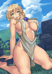 Rule 34 | 1girl, artist name, azur lane, barefoot, blonde hair, blue flower, blue rose, breasts, cloud, cloudy sky, cosplay, covered erect nipples, day, dress, evening gown, flower, genshin impact, grass, green eyes, hand on own face, kneeling, large breasts, lisa (genshin impact), looking at viewer, no bra, no panties, official alternate costume, outdoors, patreon logo, patreon username, pelvic curtain, redjet, revealing clothes, rose, sky, st. louis (azur lane), st. louis (azur lane) (cosplay), st. louis (luxurious wheels) (azur lane)
