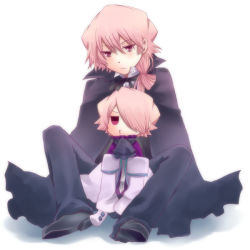 Rule 34 | 00s, 2boys, bad id, bad pixiv id, boots, cape, chibi, cocorosso, dual person, dual persona, formal, full body, hair over one eye, kevin regnard, long hair, male focus, multiple boys, pandora hearts, pink eyes, pink hair, red eyes, red hair, ribbon, short hair, silver hair, sitting, spoilers, white background, xerxes break